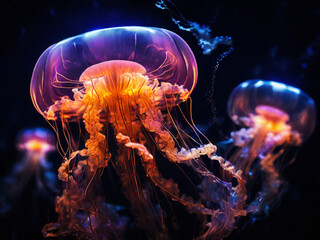 Naklejka premium jellyfish in under the sea. jellyfish looks neon and electric colors