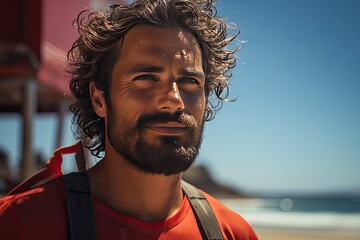 Portrait of a male lifeguard on the beach, watching over swimmers in the ocean, under the bright summer sun - obrazy, fototapety, plakaty