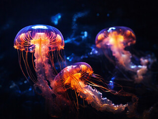 jellyfish in under the sea. jellyfish looks neon and electric colors	 - obrazy, fototapety, plakaty