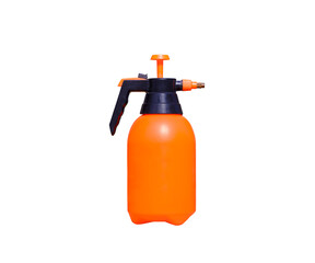 Air pressure pump orange plastic sprayer for watering and pesticides on plant isolated on transparent background, png file