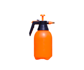 Air pressure pump orange plastic sprayer for watering and pesticides on plant isolated on transparent background, png file