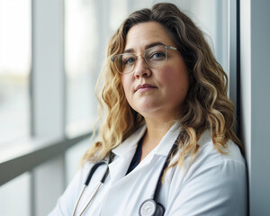 Portrait of a Overweight European Female Doctor with Long Hair, Wearing a White Lab Coat, Holding a Stethoscope, Standing by the Window in a Hospital Setting - obrazy, fototapety, plakaty