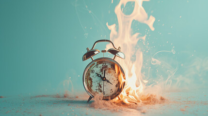 
burning retro alarm clock on a pastel background, as a metaphor for time that is running out - obrazy, fototapety, plakaty