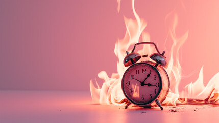 
burning retro alarm clock on a pastel background, as a metaphor for time that is running out - obrazy, fototapety, plakaty
