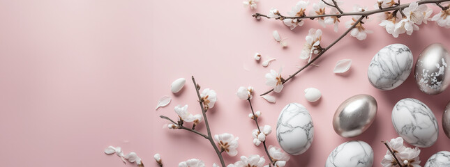 beautiful light easter layout with silver and marble eggs, cherry blossoms and confetti on a pastel pink background. top view. copy space. flat lay. place for text	 - Powered by Adobe