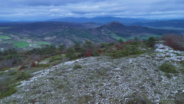 Winter landscape around the trap for hunting wolves (Canis lupus), called the Lobera de Barr&oacute;n in the Sierra de Arcamo. Aerial view from a drone. Artaza. Alava. Basque Country. Spain. Europe