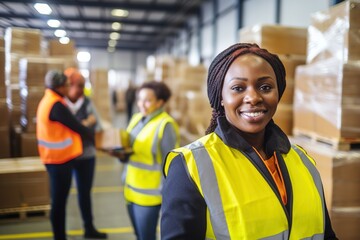 Portrait of smiling female warehouse worker standing with staff in background at warehouse - obrazy, fototapety, plakaty