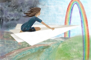 Illustration  woman flying on paper plane from storm to rainbow
