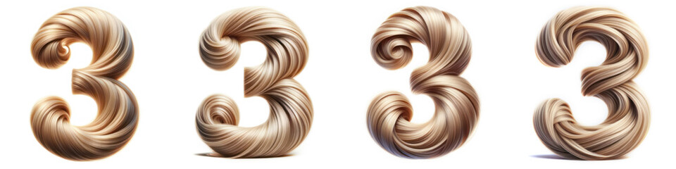 Number 3 - THREE - Hair Alphabet - Hair Letter set - White background - Glamour Hair typeset collection from A to Z and numbers. - obrazy, fototapety, plakaty