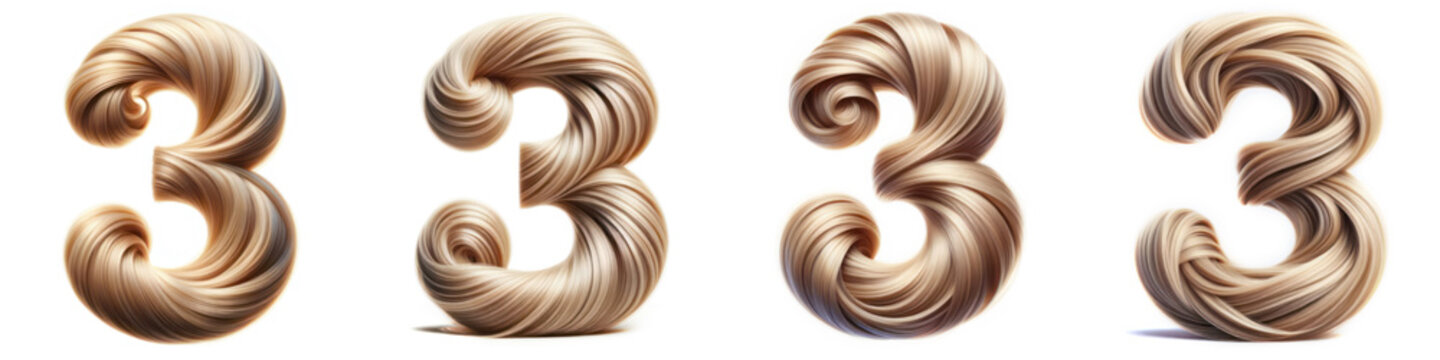 Number 3 - THREE - Hair Alphabet - Hair Letter set - White background - Glamour Hair typeset collection from A to Z and numbers.