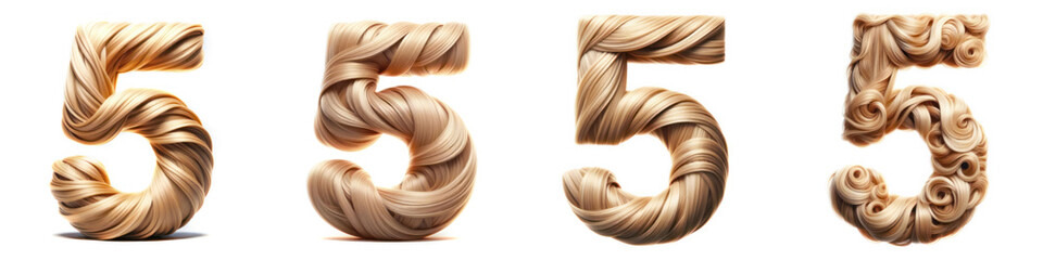 Number 5 - FIVE - Hair Alphabet - Hair Letter set - White background - Glamour Hair typeset collection from A to Z and numbers.