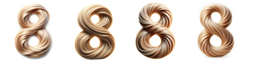 Number 8 - EIGHT - Hair Alphabet - Hair Letter set - White background - Glamour Hair typeset collection from A to Z and numbers.