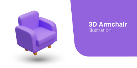 Purple realistic soft armchair with wooden legs. Comfortable chair for bedroom, living room. Furniture with fabric upholstery. Color illustration on white background - obrazy, fototapety, plakaty