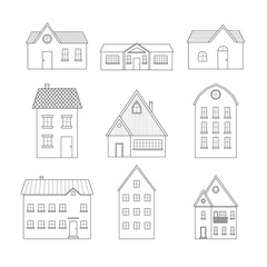 Collection of simple outline houses. Illustration on transparent background