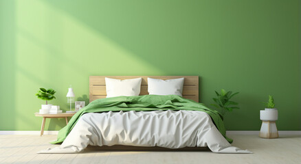 Unwind in this soothing pastel green bedroom adorned with crisp, clean white and green pillows and blankets. A comfortable and refreshing style for your space. Generative AI.