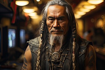 Portrait of a Native American inside a Casino with slot machines in backgrounds