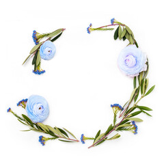 Lisianthus or Eustoma flowers. Beautiful round frate with blue flowers. Frame with copy space for text or product placement.