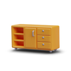 Realistic cabinet with open shelves and closed compartment on white background. Concept of home furniture in orange color. Vector illustration in 3d style with shadow