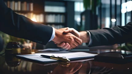 Foto op Plexiglas Two partners signing a business deal after a successful negotiation doing a handshake © Linus