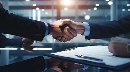 Two partners signing a business deal after a successful negotiation doing a handshake - obrazy, fototapety, plakaty