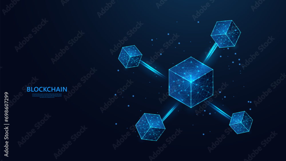 Aufkleber Abstract blockchain technology concept in futuristic low poly wireframe style. blue background with a sprinkling of shining stars.