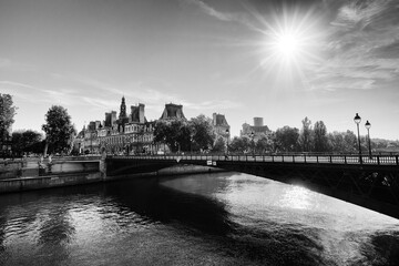 City Hall and Arcole bridge in the 4th arrondissement of Paris city - obrazy, fototapety, plakaty