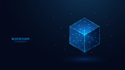 Abstract blockchain technology concept in futuristic low poly wireframe style. blue background with a sprinkling of shining stars.