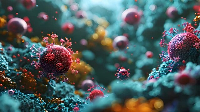 Virus, bacteria, fungi medical 3D background. Coronavirus covid-19 disease epidemic strains. Omicron, rhinovirus, HPV infection, HIV, adenovirus, influenza illness virus cells, antibody, bacteriophage