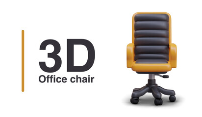 Realistic office chair for long-sitting work. Placard for store selling office furniture. Vector illustration in 3d style with place for text in black and yellow colors