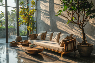 Interior design modern minimal living room, interior luxury style, resort or hotel with luxury, three-dimensional, tropical room, generative ai.