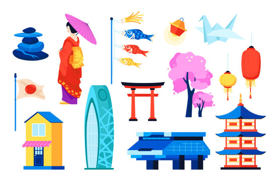 Japan in detail - flat design style objects set. High quality colorful images of geisha in kimono, koinobori fish, origami paper crane, lanterns and national flag, torii gate and shinto shrine