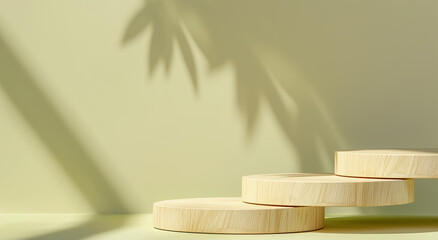 Fototapeta na wymiar Podium or stage pedestal platform for product. Beige background for product presentation with shadow of tropical palm leaves and light. Empty round podium, Mockup. 