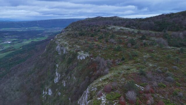 Winter landscape around the trap for hunting wolves (Canis lupus), called the Lobera de Barr&oacute;n in the Sierra de Arcamo. Aerial view from a drone. Artaza. Alava. Basque Country. Spain. Europe