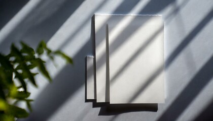 the delicate interplay of light and shadows on two vertical sheets of textured white paper,...