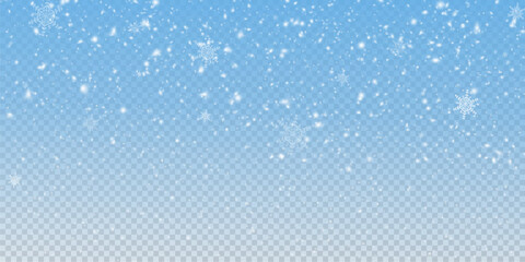 Christmas background with small falling snowflakes. Snow storm effect, blurred, cold wind with snow png. Holiday powder snow for cards, invitations, banners, advertising.	