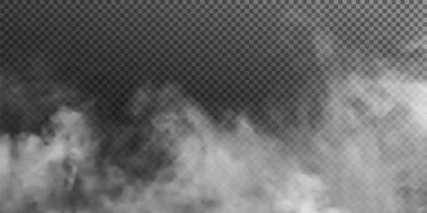Foto op Aluminium The image depicts various atmospheric phenomena such as fog, smoke, mist, and steam. The realistic 3D vector mockup shows a perspective view of white smog clouds. © Александр Боярин