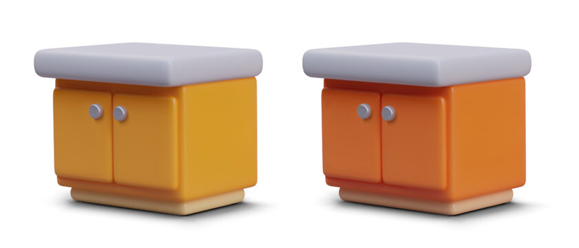 Side view on commode with two doors in cartoon style. Home furniture set in yellow and orange colors. Vector illustration in 3d style with white background