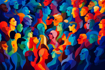 Illustration of a diverse and vibrant crowd in an abstract group. Gathering of people. Rhythm of the masses. Commotion among individuals. Array of vibrant colors.
 - obrazy, fototapety, plakaty