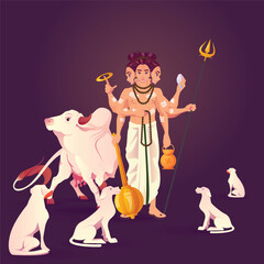 Shri dattaguru maharaj vector illustration with cow and four dogs in the background - obrazy, fototapety, plakaty