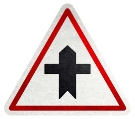 Road sign warning of a crossroads. Regulation of traffic. Triangle road sign of a crossroads. Right of way ahead traffic sign