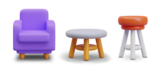 Set of vector 3D furniture for seating. Soft chair, low stool, high backless chair. Convenient items for home interior. Color icons for site. Furniture store