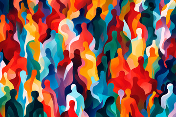 Illustration of a diverse and vibrant crowd in an abstract group. Gathering of people. Rhythm of the masses. Commotion among individuals. Array of vibrant colors.
 - obrazy, fototapety, plakaty