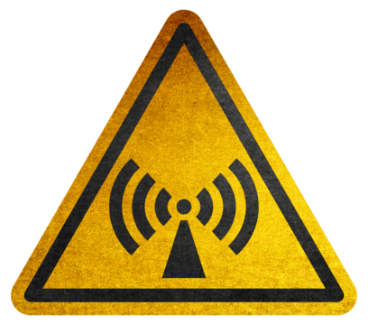 Danger symbol Non-ionizing radiation yellow triangle warning sign. Attention symbol on yellow background in triangle. Hazard warning symbol rustic texture. Attention symbol of non ionized threat alert