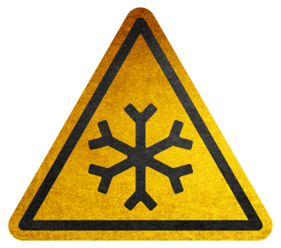 Slippery in winter Traffic sign with snowflake. Snowflake road sign, yellow triangle. Hazard warning symbol rustic texture. Attention symbol of non ionized threat alert. Attention symbol