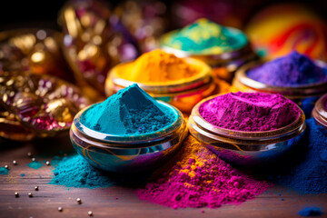 Closeup bowls full of Holi colorful powder paints