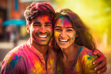 Happy young Indian couple with colorful powder paints on them celebrating Holi.