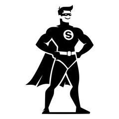 Minimal Funny Super Hero Comic Flat character vector silhouette, black color silhouette, white background