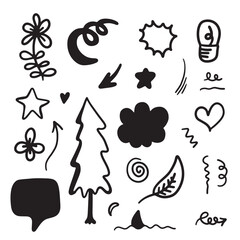 hand drawn set element,black on white background.arrow,leaves,speech bubble,heart,ribbon,flowers,emphasis,swirl,for concept design.