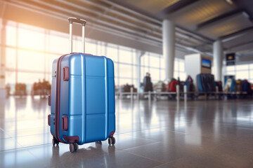A blue suitcase sitting on the floor in an airport. Generative AI - obrazy, fototapety, plakaty