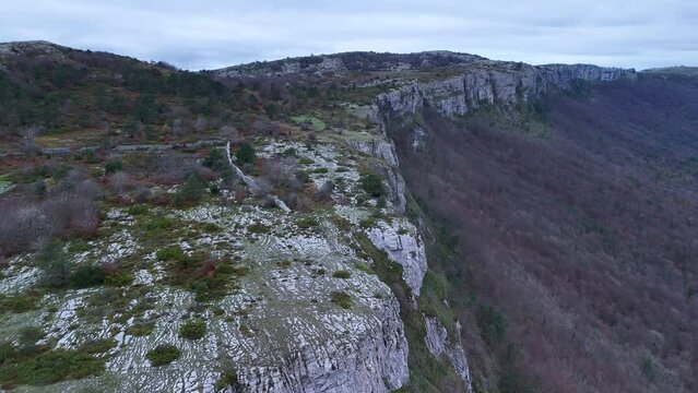 Winter landscape around the trap for hunting wolves (Canis lupus), called the Lobera de Barr&oacute;n in the Sierra de Arcamo. Aerial view from a drone. Artaza. Alava. Basque Country. Spain. Europe